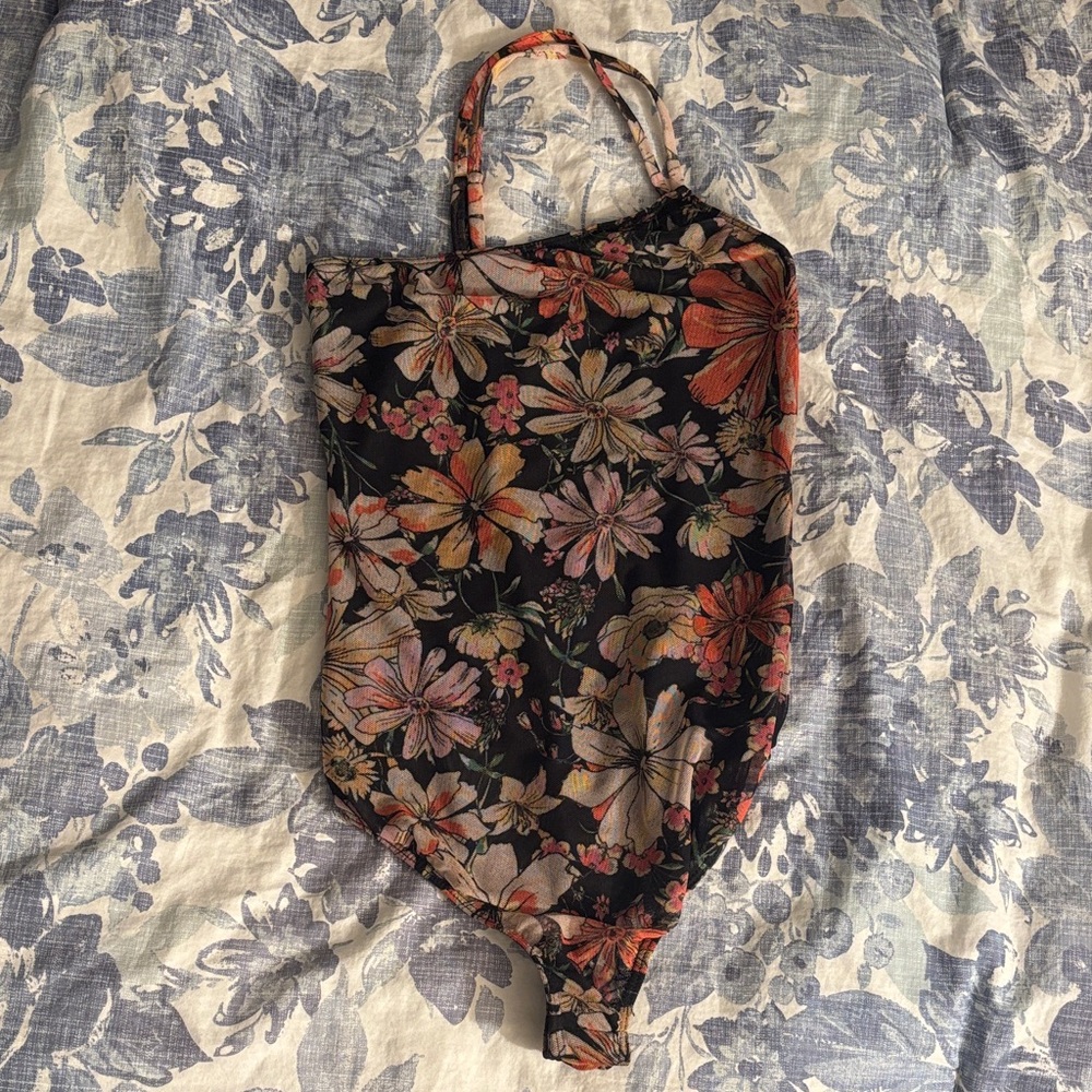 Free People Floral Bodysuit - Black and Orange